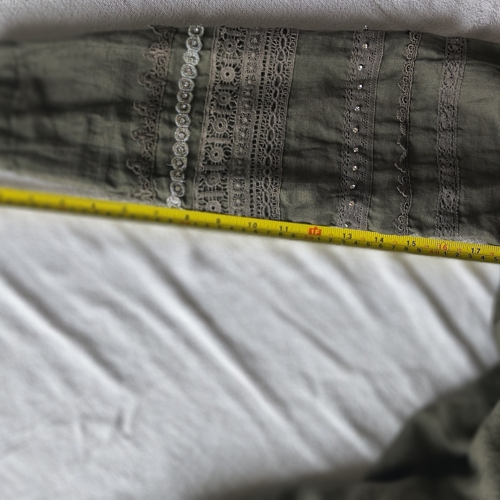 4 Loveandliberty Women's Linen Olive Green Jacket with Lace Details Size L - Picture 12 of 13